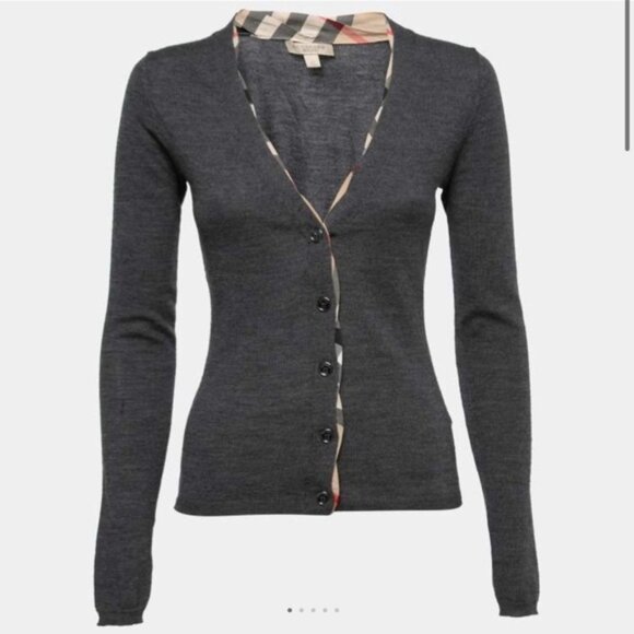 Burberry Brit Nova Check Trim Wool Cardigan Sweater V Buttons Lightweight Soft M - Picture 5 of 16